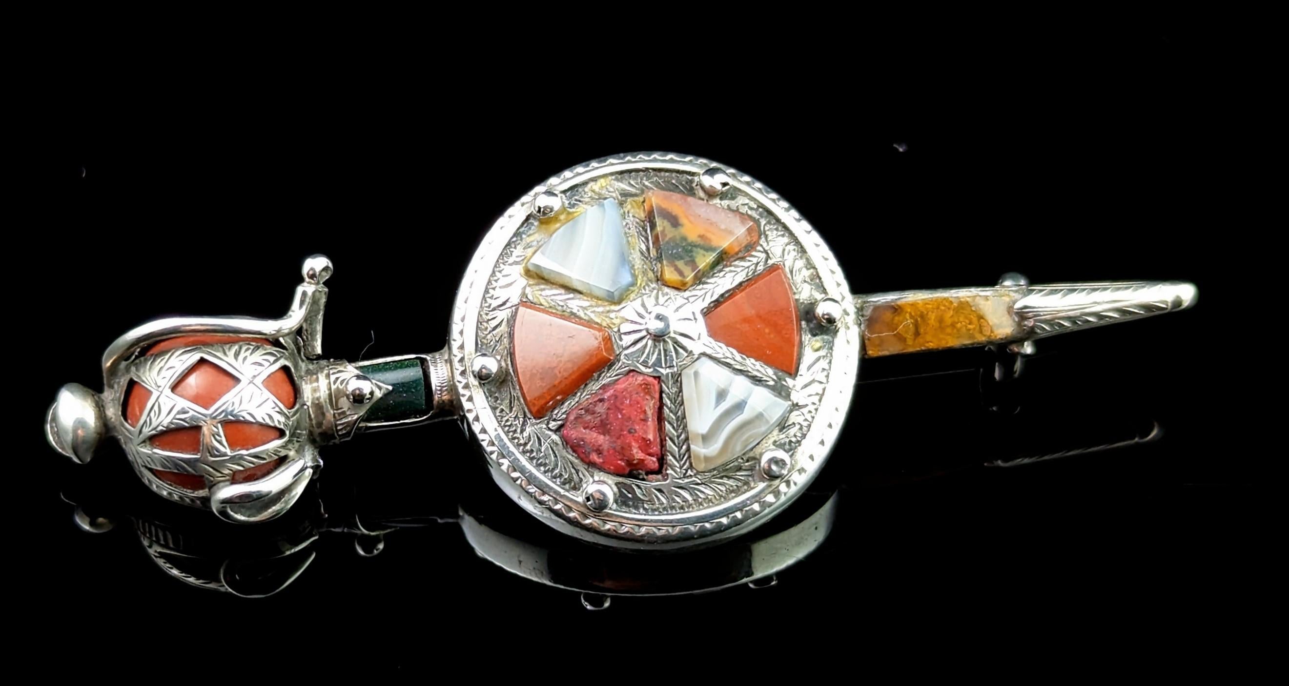 Antique Scottish Agate Sword and Shield Brooch, Silver, Victorian 5