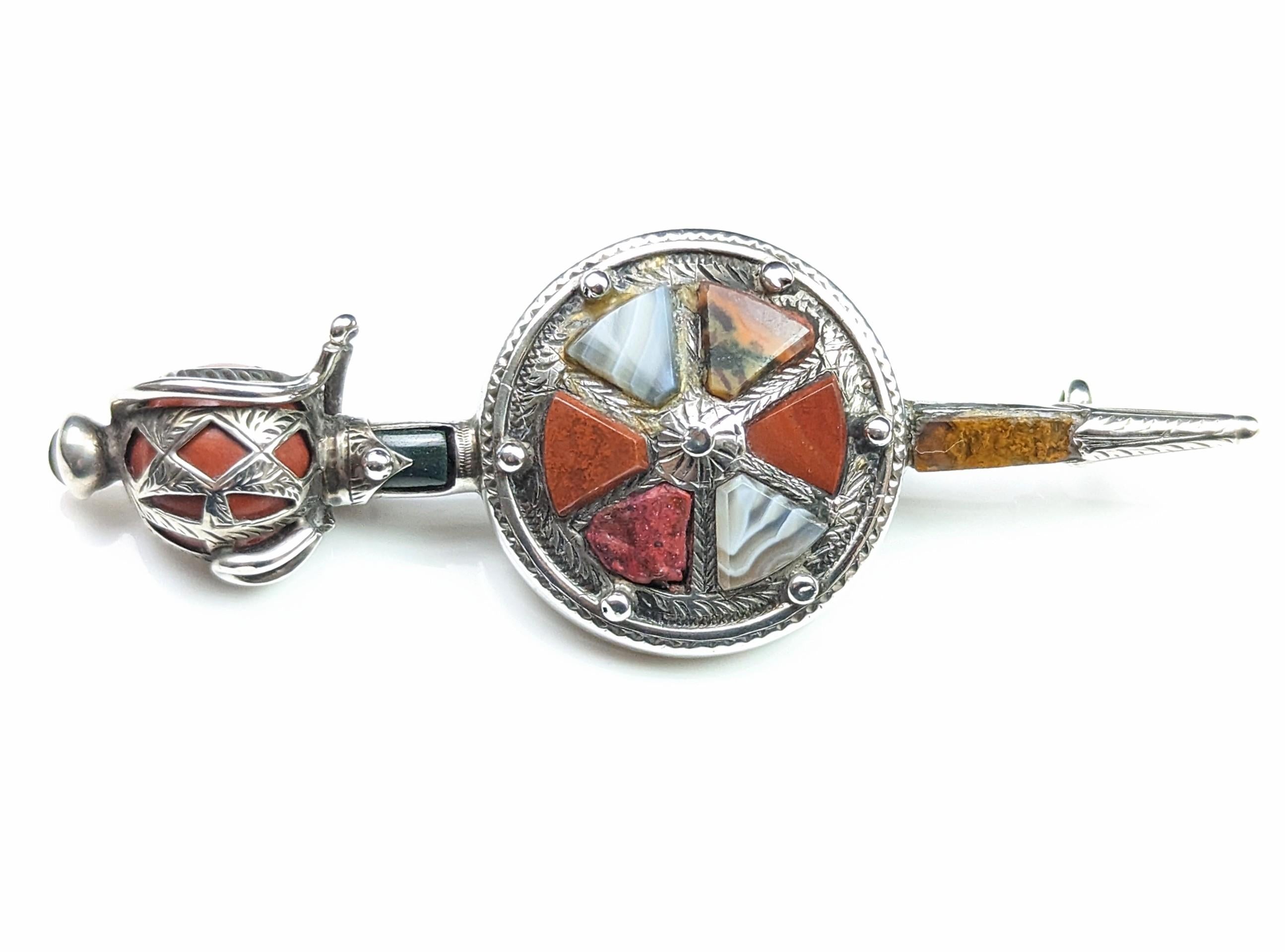 Antique Scottish Agate Sword and Shield Brooch, Silver, Victorian 6