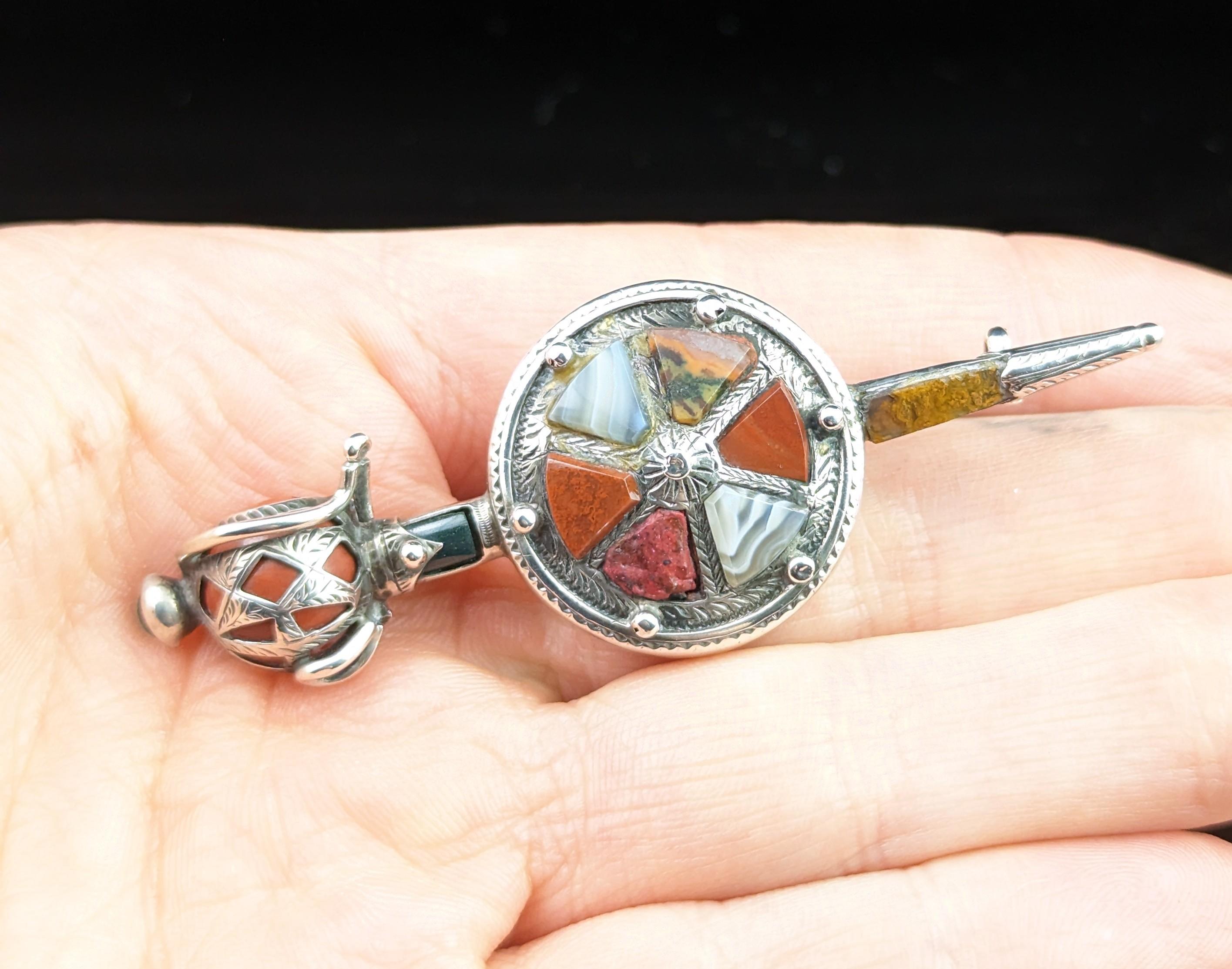 Cabochon Antique Scottish Agate Sword and Shield Brooch, Silver, Victorian