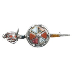 Antique Scottish Agate Sword and Shield Brooch, Silver, Victorian