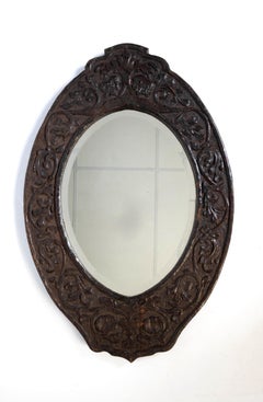 Antique Scottish Arts & Crafts / Jacobean Revival Carved Oak Oval Mirror C.1880
