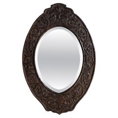 Antique Scottish Arts & Crafts / Jacobean Revival Carved Oak Oval Mirror C.1880