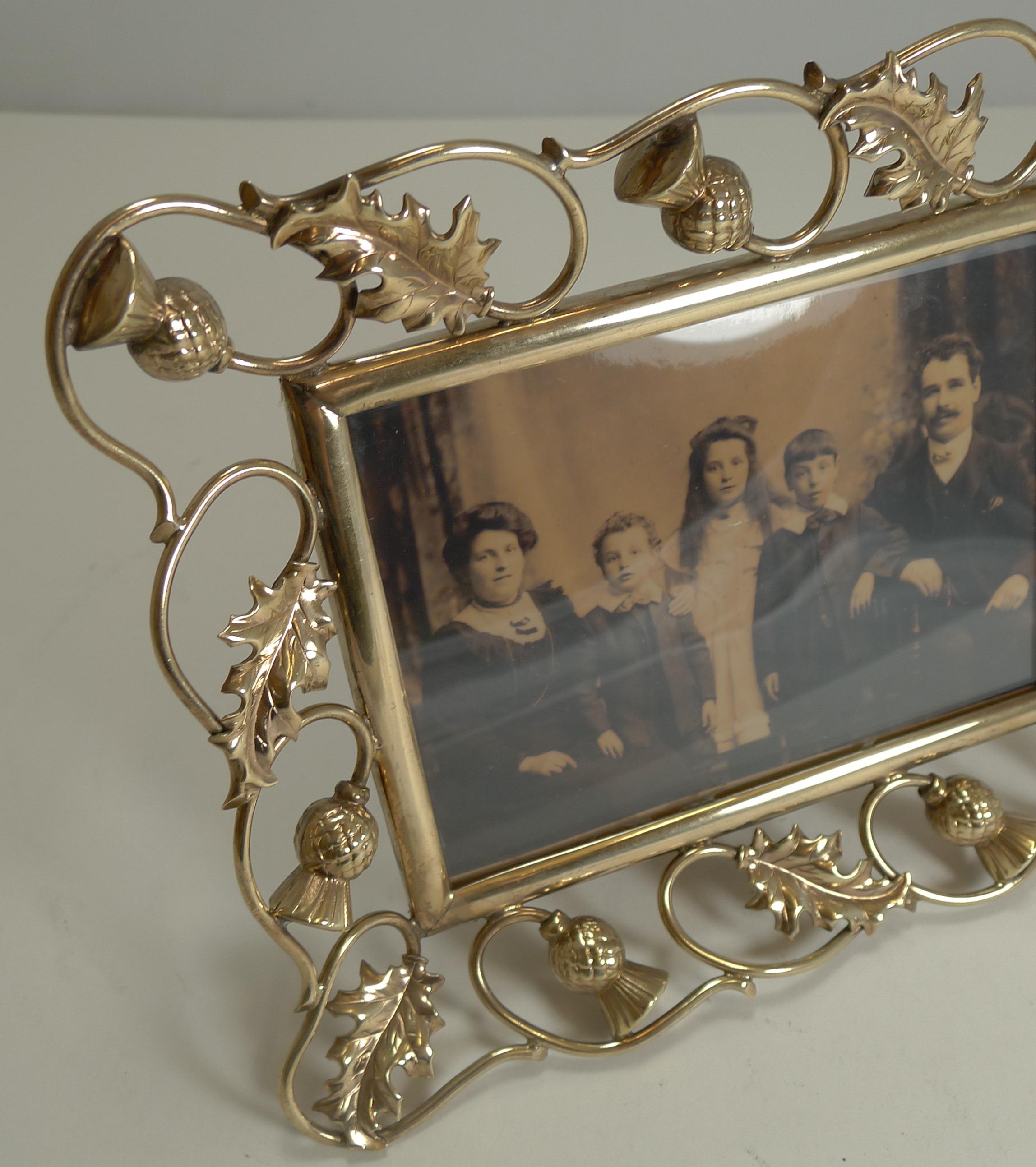 Late Victorian Antique Scottish Brass Photograph Frame, Thistles, circa 1890