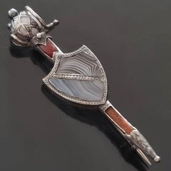 Antique Scottish Brooch Sword and Shield in Silver, natural stones, 19th century