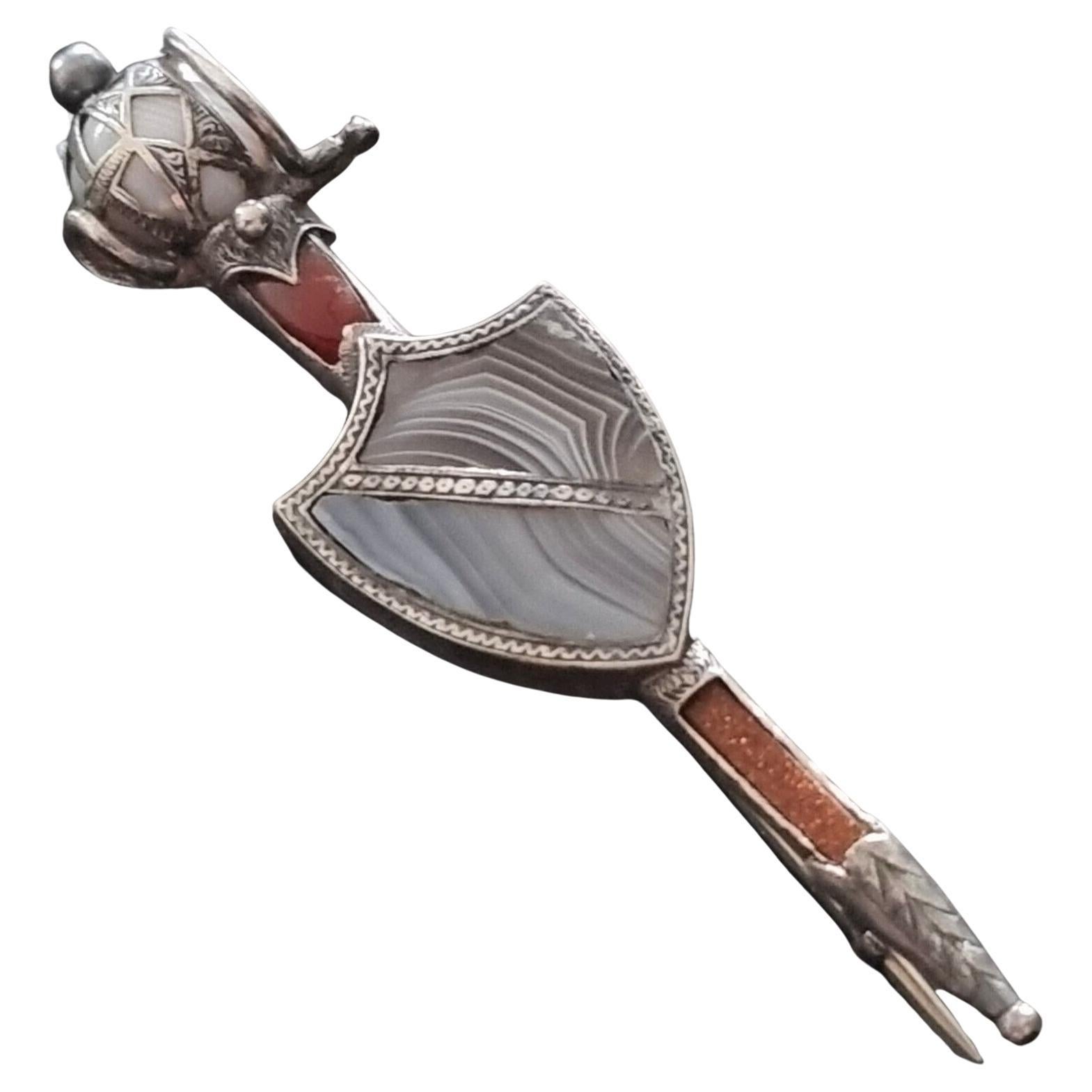 Antique Scottish Brooch Sword and Shield in Silver, natural stones, 19th century For Sale