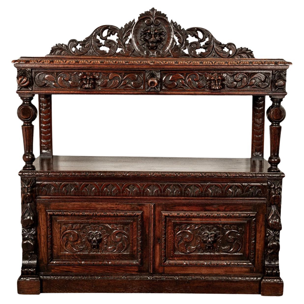 Antique Scottish Carved Oak Renaissance Revival Wine Server Buffet Sideboard In Good Condition For Sale In Portland, OR
