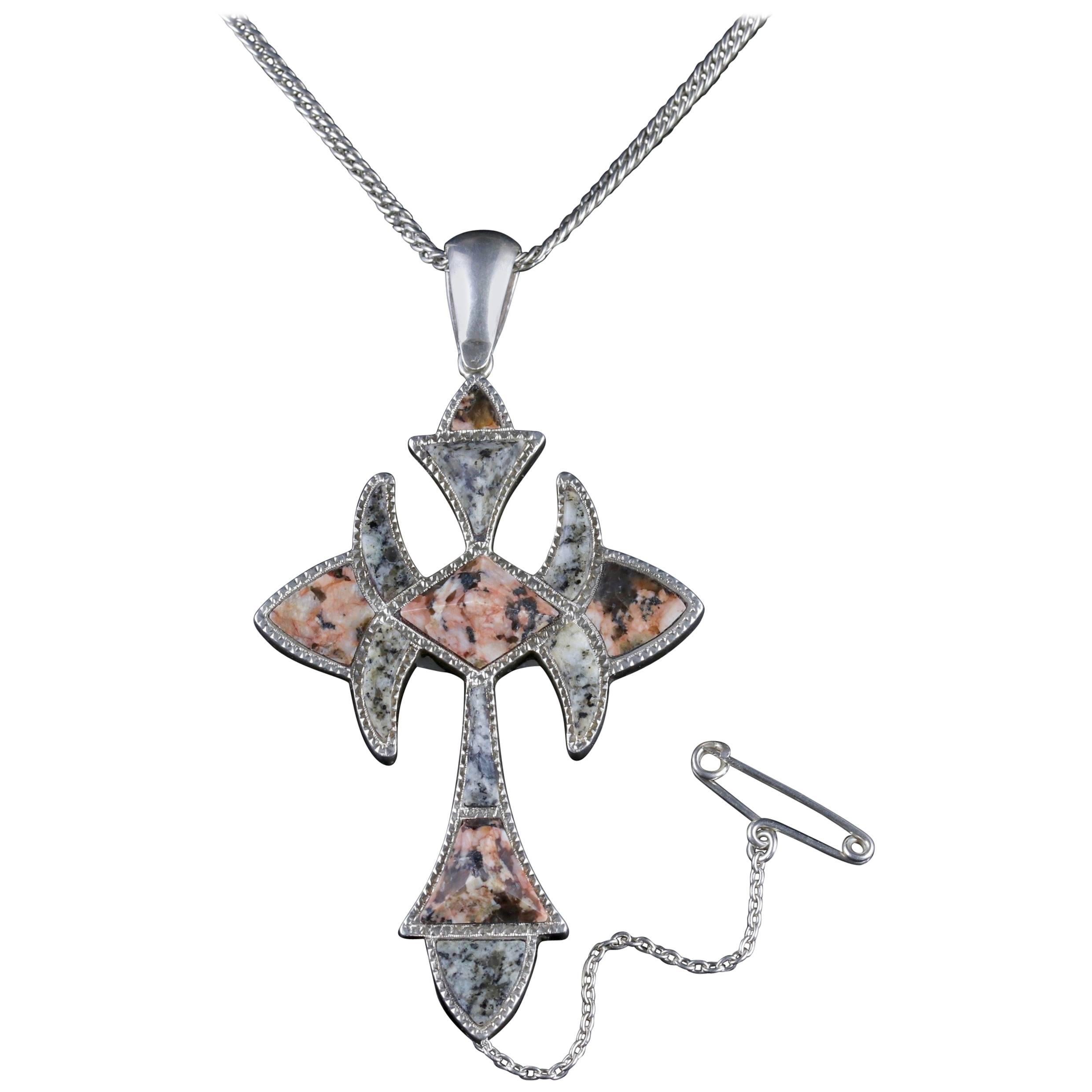 Antique Scottish Cross Pendant Necklace Victorian Silver, circa 1860 For Sale