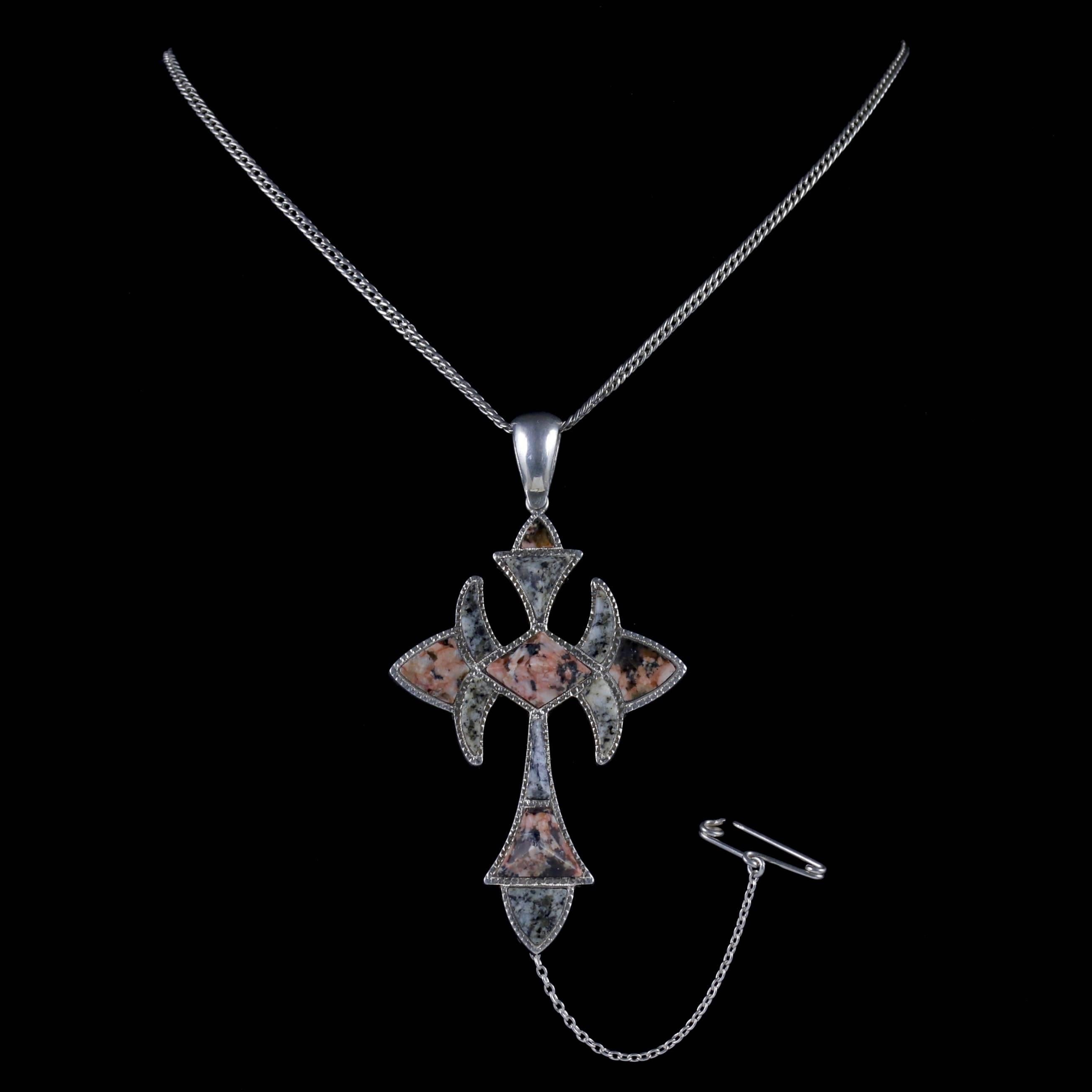 This magnificent antique Scottish cross pendant necklace is Victorian Circa 1860.

Scottish jewellery was made popular by Queen Victoria as it became a souvenir of her frequent trips to Scotland and her Scottish Castle Balmoral from the mid 1800s.