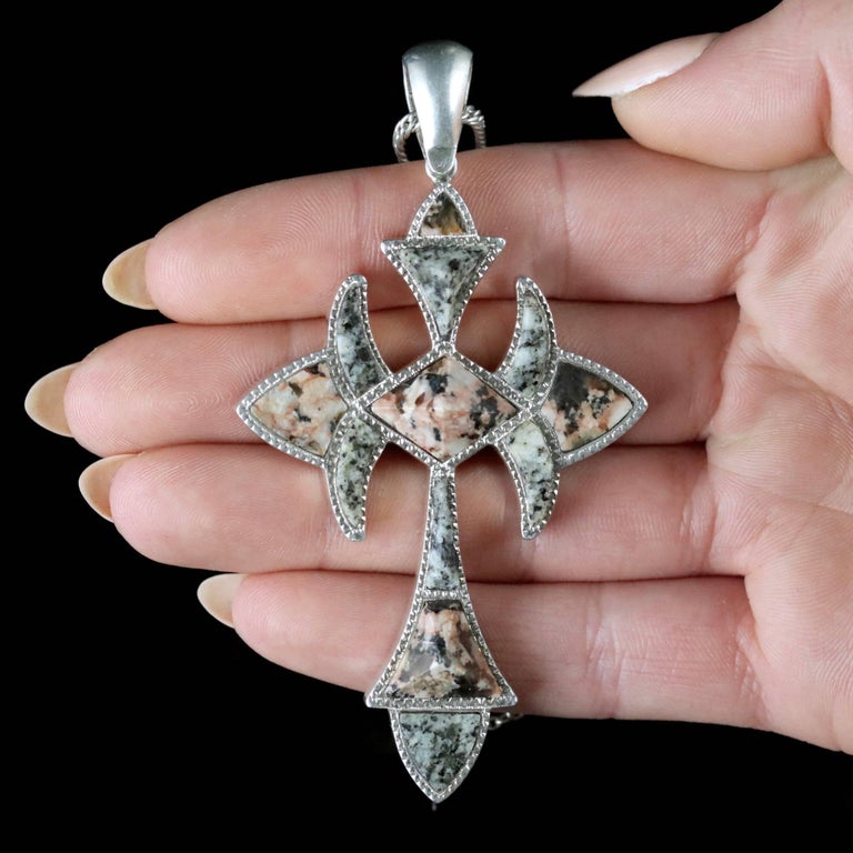 Antique Scottish Cross Pendant Necklace Victorian Silver, circa 1860