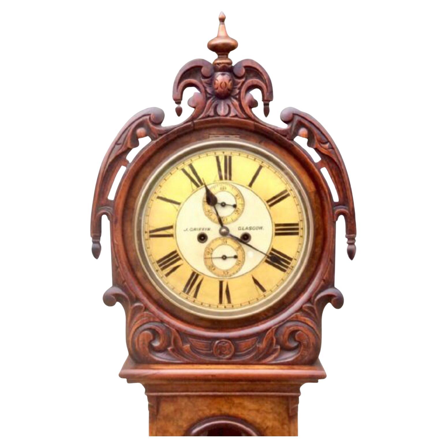 An antique Scottish Victorian burr walnut drum head drumhead Grandfather Longcase Clock in beautiful condition by 
“J Griffin,Glasgow “

This fabulous clock has a guaranteed eight day striking movement, Working date,the walnut case has a 'bombe'