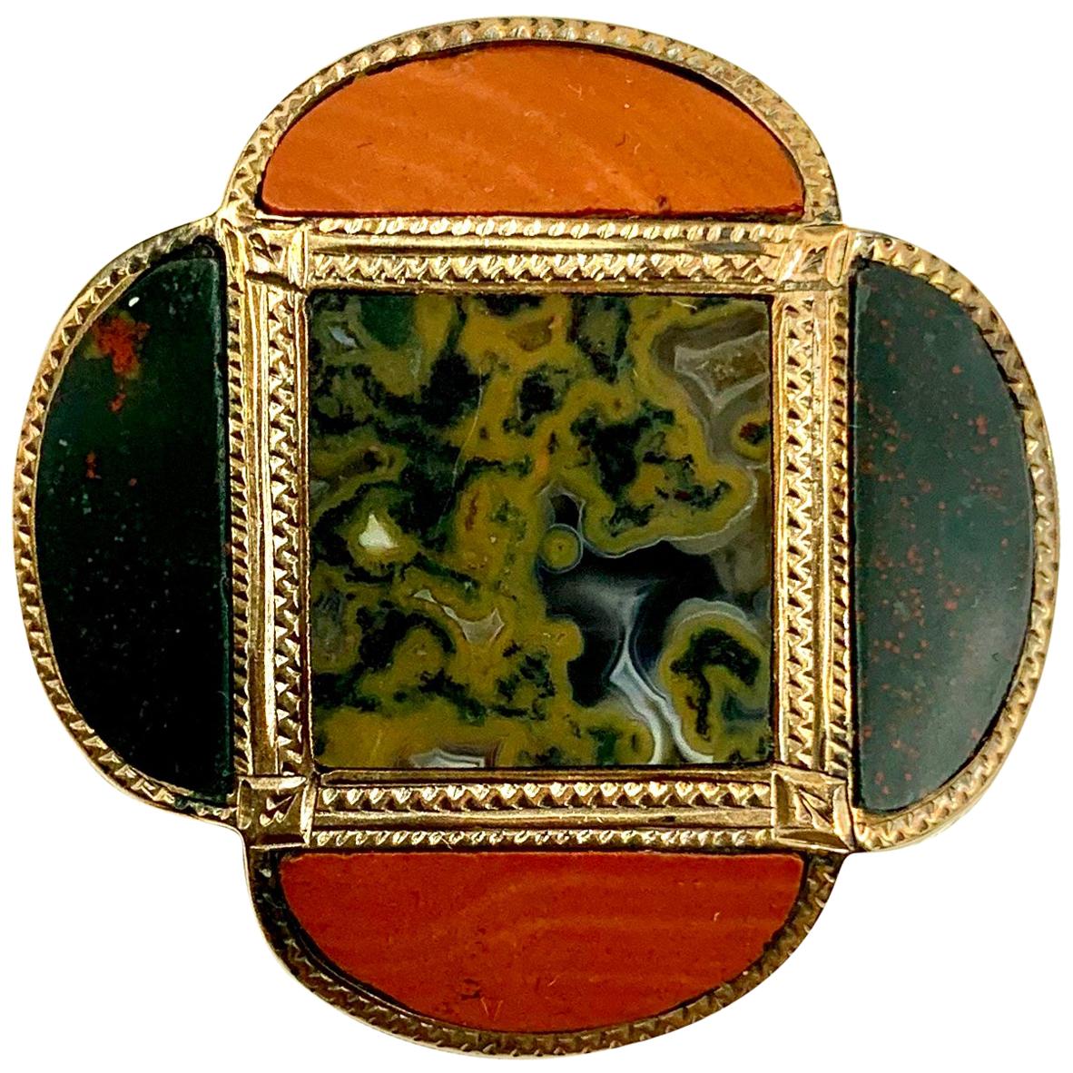 Antique Scottish Gold, Agate, Red Jasper, Bloodstone Four Leaf Clover Brooch For Sale
