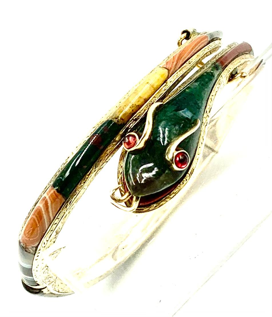 Cabochon Antique Scottish Gold, Agate Snake Bracelet, Ruby Eyes, 19th Century
