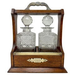 Antique Scottish Golden Oak and Cut Crystal Two-Bottle Tantalus, Circa 1890-1900