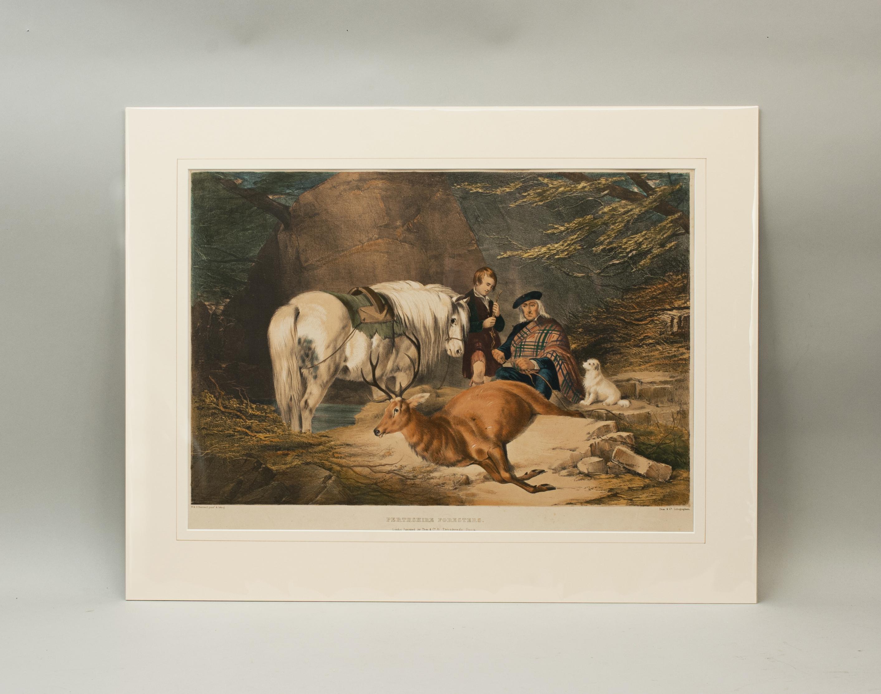 Deer stalking lithographs by Barraud.
Two very rare original stalking lithographs with superb colouring by William and Henry Barraud and published by Dean & Co. 35 Threadneedle Street, London.
The size shown is for the main image, the full size of