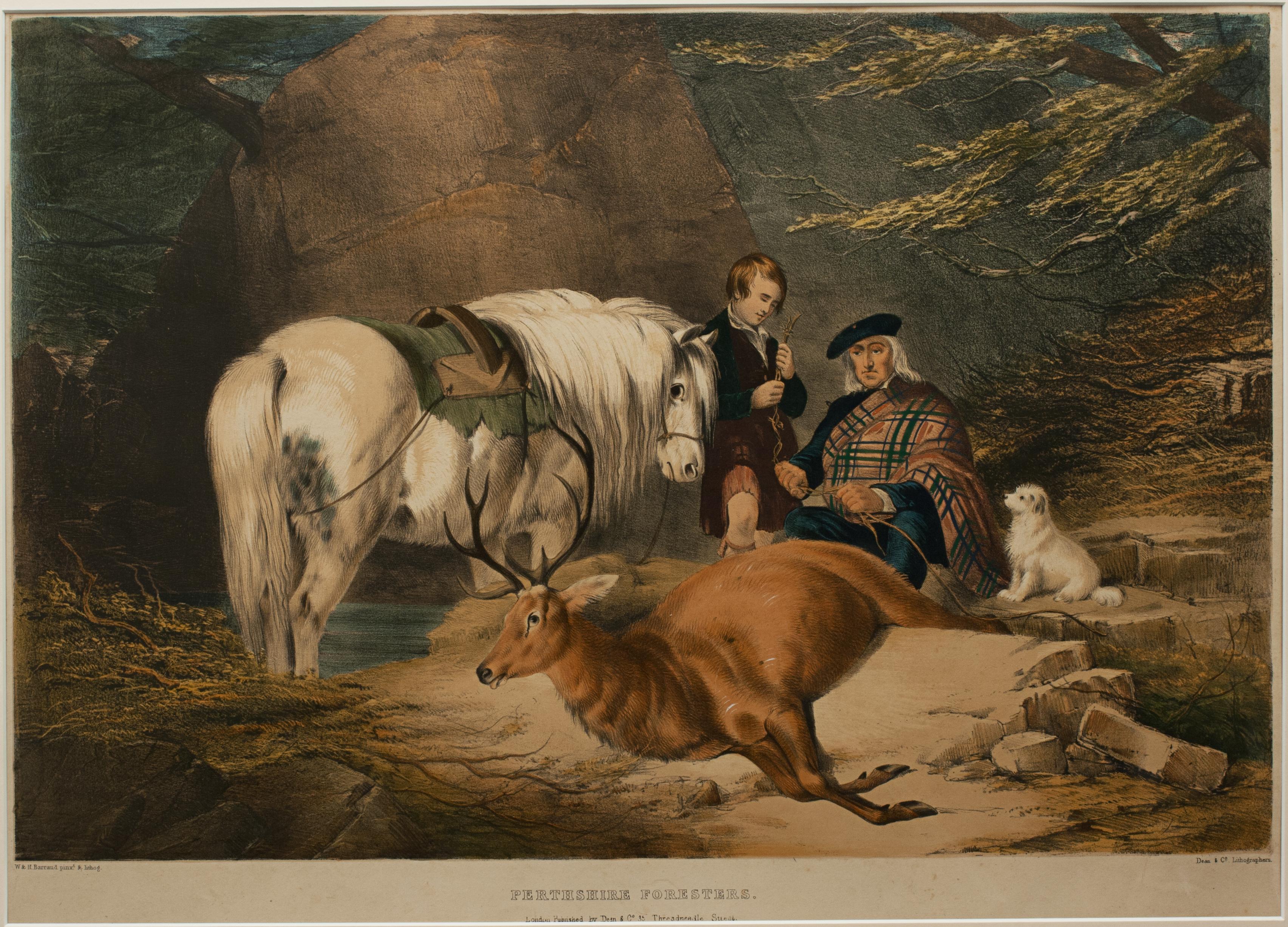 18th Century Antique Scottish Hunting Scenes, Pair of Highland Lithographs, Perthshire Forest For Sale