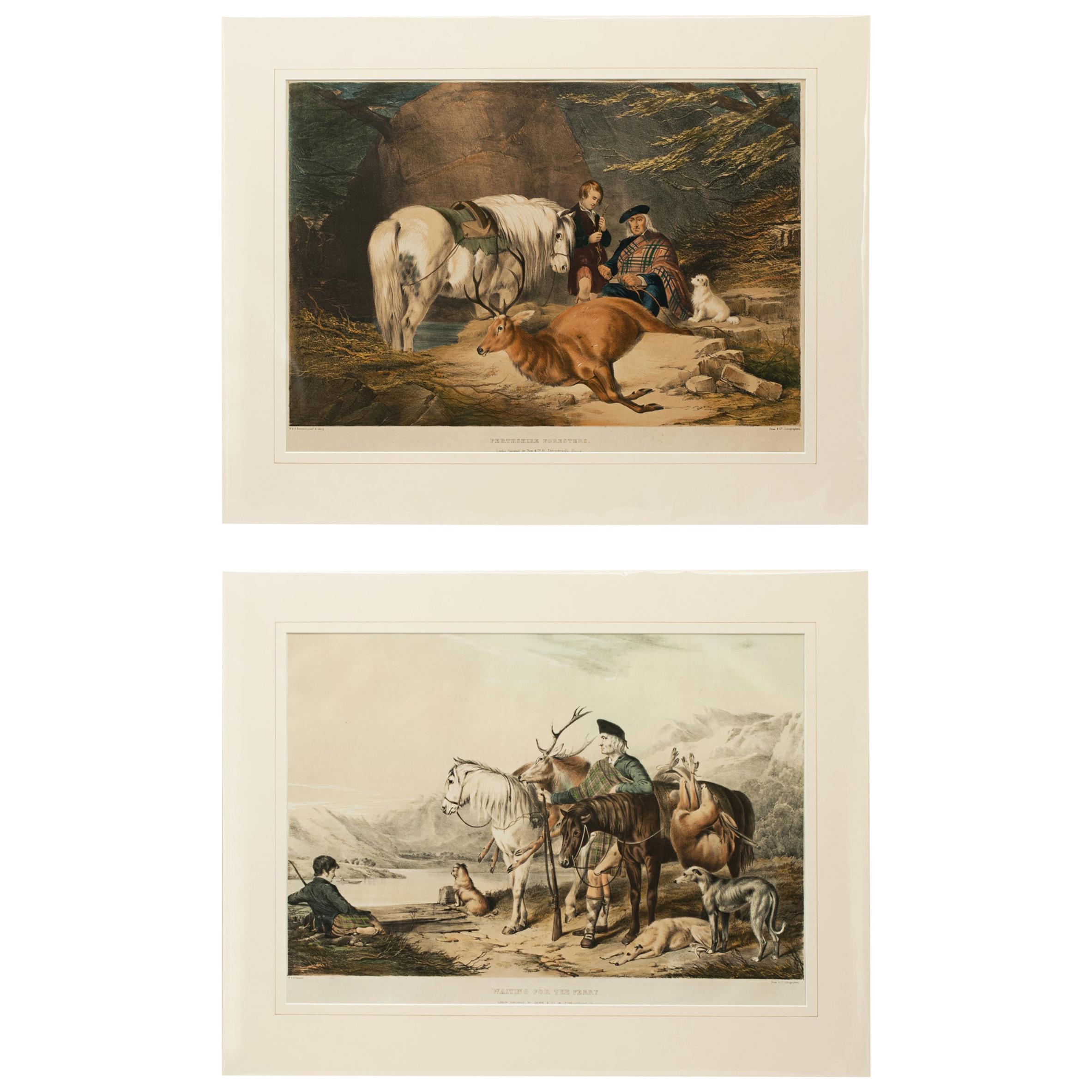 Antique Scottish Hunting Scenes, Pair of Highland Lithographs, Perthshire Forest