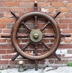 Antique Scottish Hardwood Nautical Ship's Wheel with Brass Accents