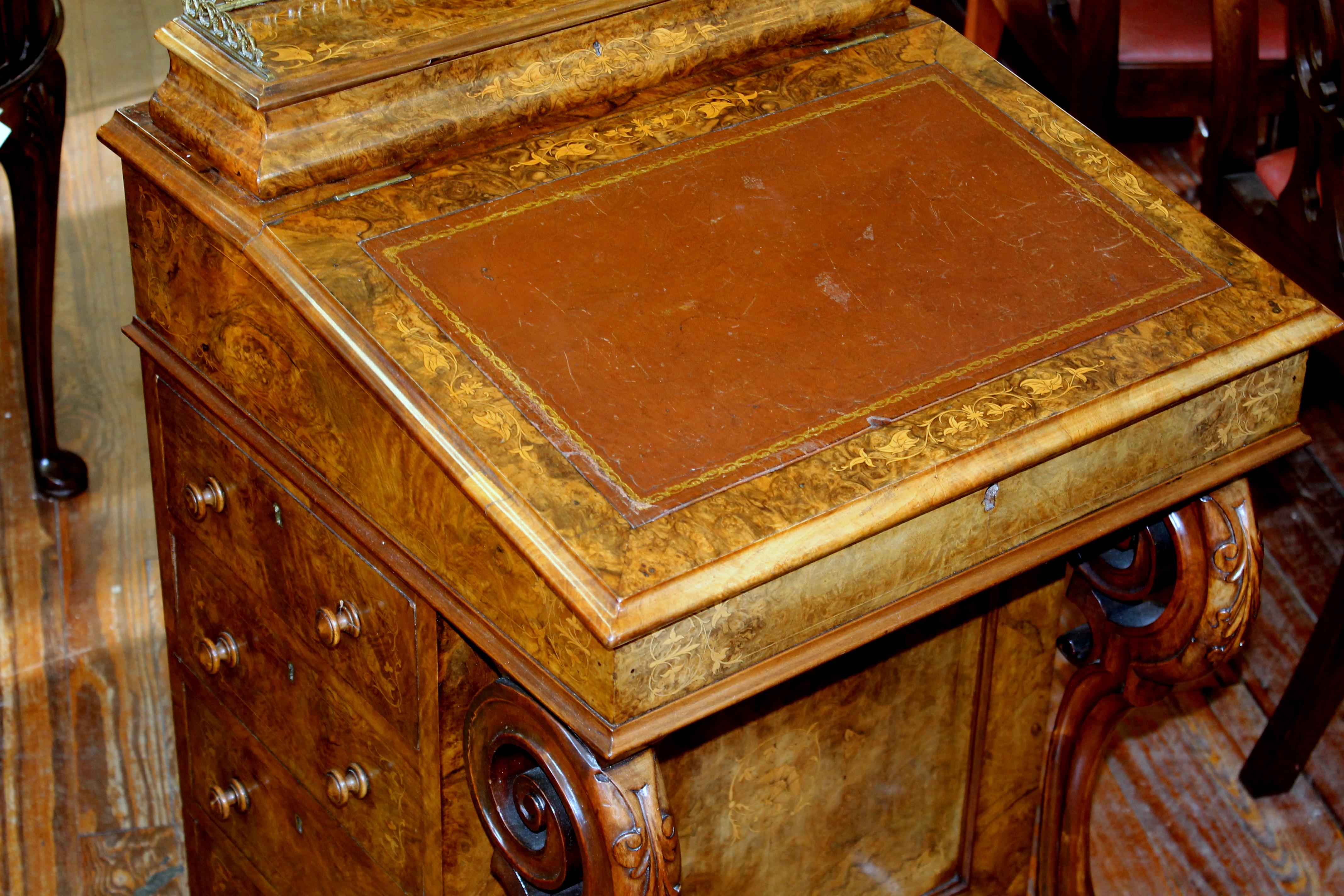 Inlay Antique Scottish Marquetry Inlaid Burr Walnut Davenport or Ship Captain's Desk