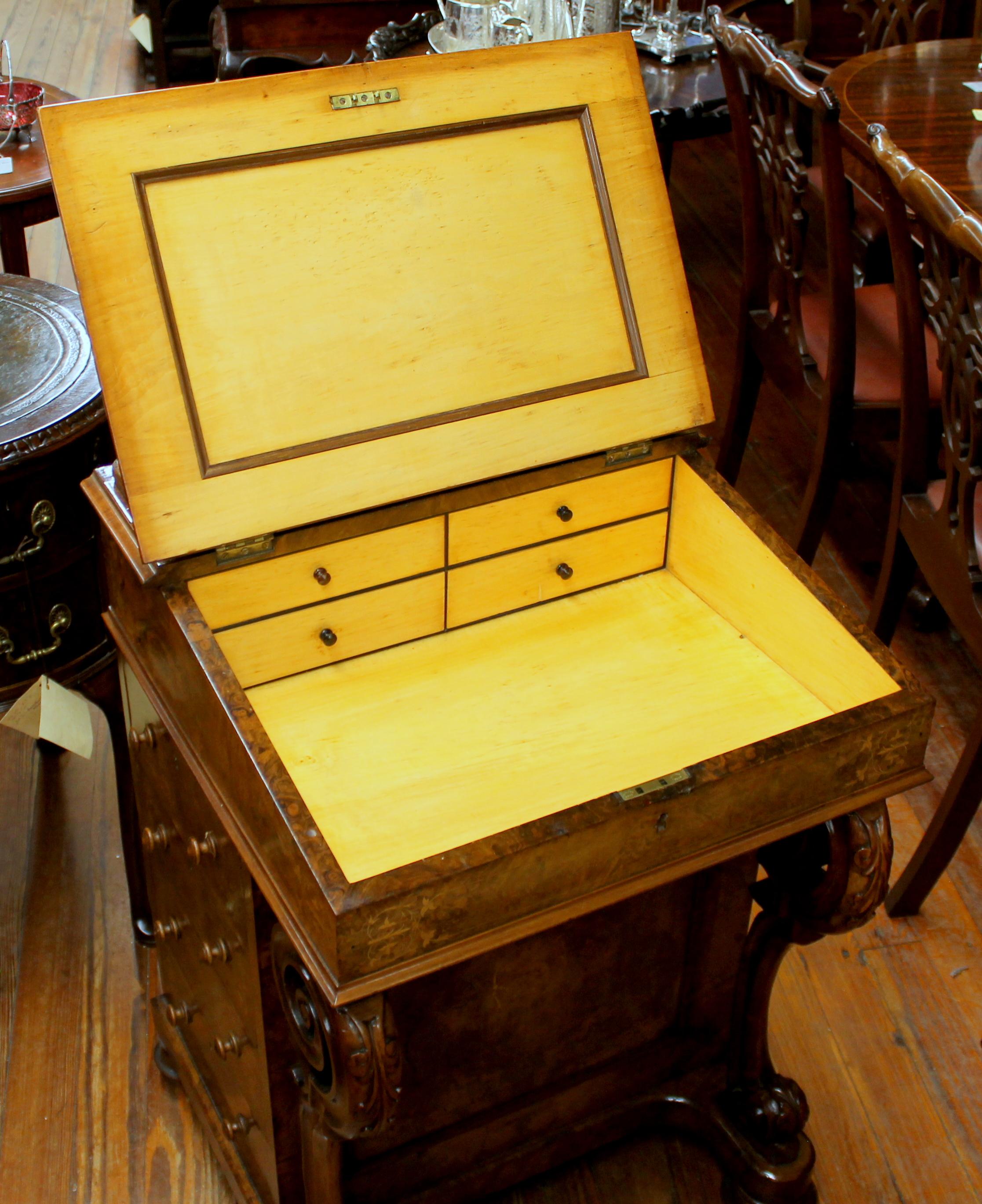 Antique Scottish Marquetry Inlaid Burr Walnut Davenport or Ship Captain's Desk In Good Condition In Charleston, SC