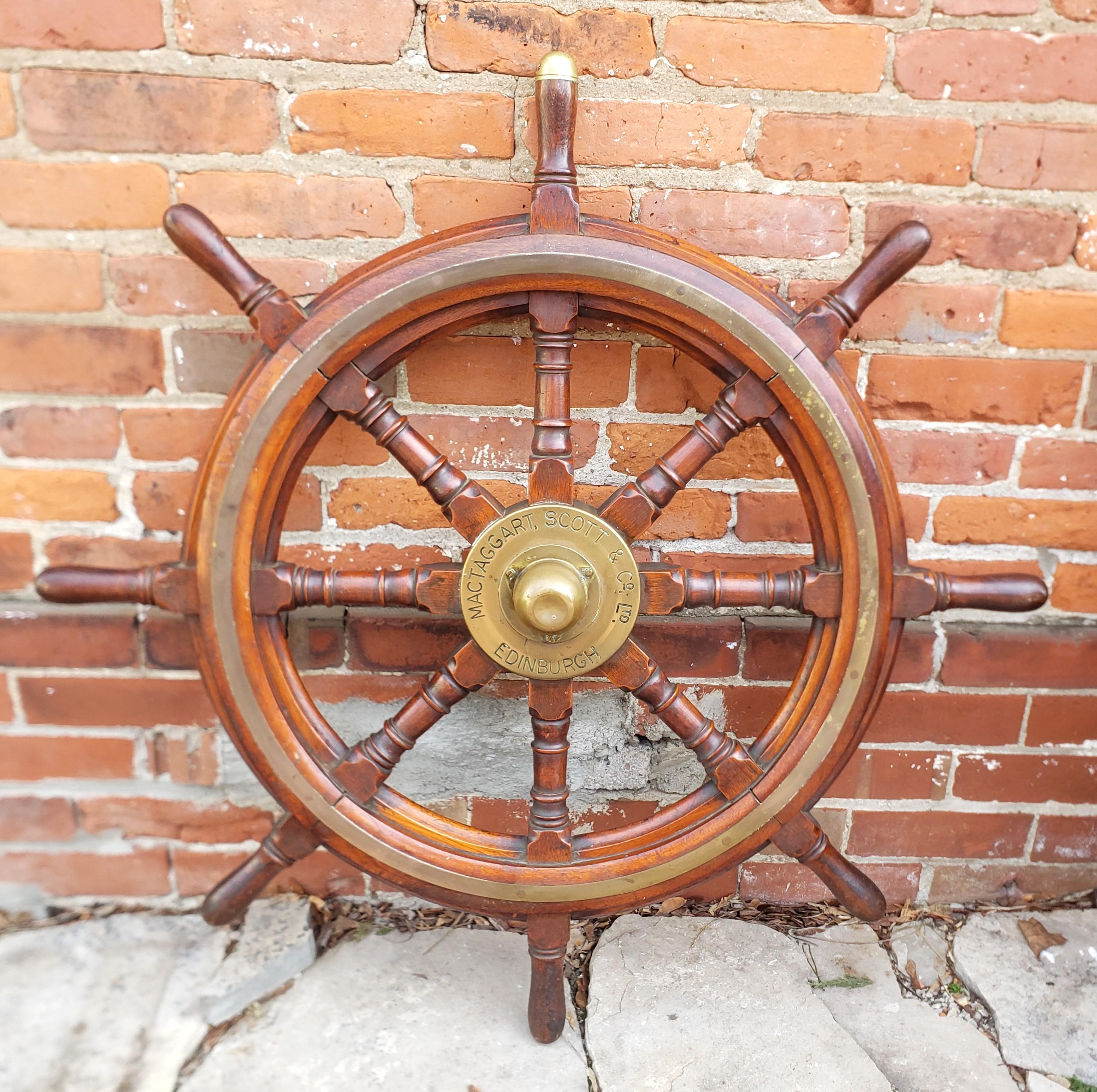 Antique Scottish Nautical Oak Ship's Wheel with Brass Accents For Sale 1