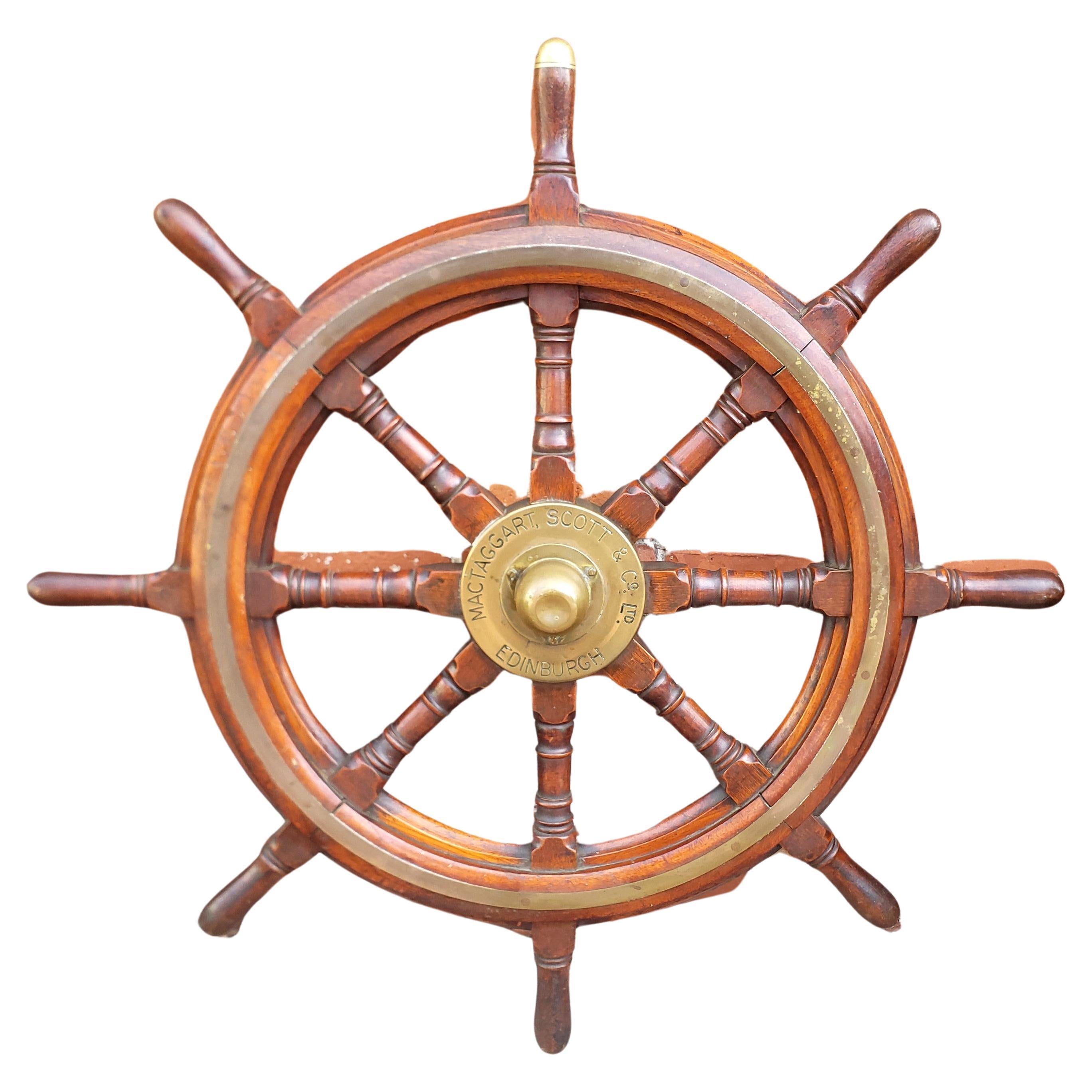 Antique Scottish Nautical Oak Ship's Wheel with Brass Accents