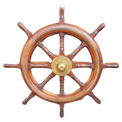 Vintage Scottish Nautical Oak Ship's Wheel with Brass Accents