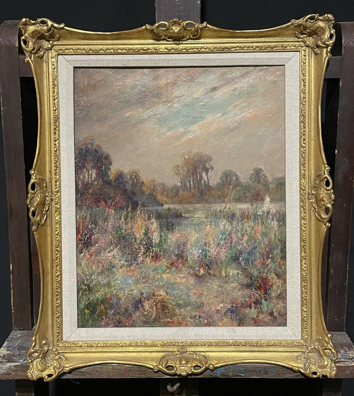 Artist/ School: Scottish School, early 20th century

Title: Wildflowers in a Meadow, next to a river. Beautiful Impressionist brushwork and warm colors. 

Medium:  oil painting on wooden panel, framed

framed:   22 x  19 inches
painting:  17.5 x
