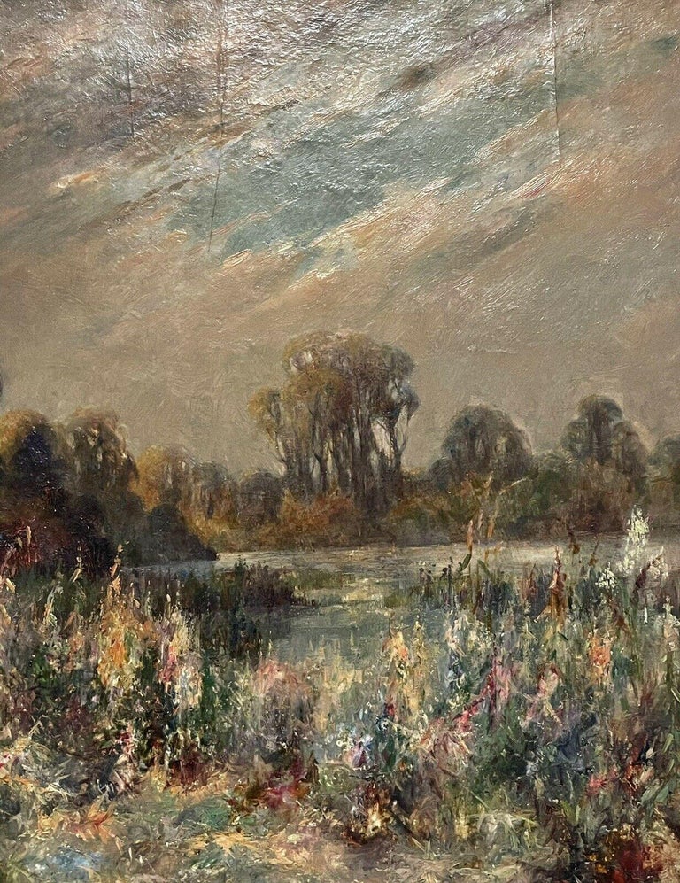 Antique Scottish Impressionist Oil Painting Wildflowers next to River Meadow For Sale 2