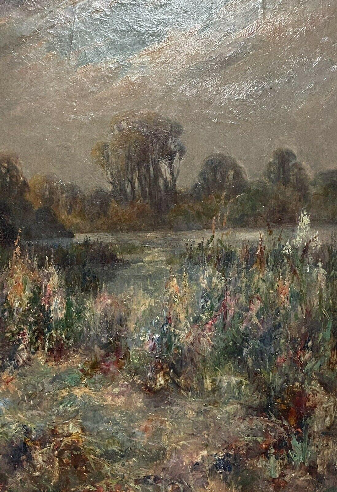 Antique Scottish Impressionist Oil Painting Wildflowers next to River Meadow For Sale 2