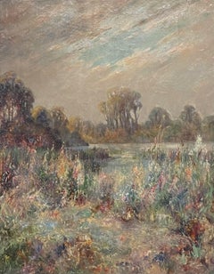 Antique Scottish Impressionist Oil Painting Wildflowers next to River Meadow