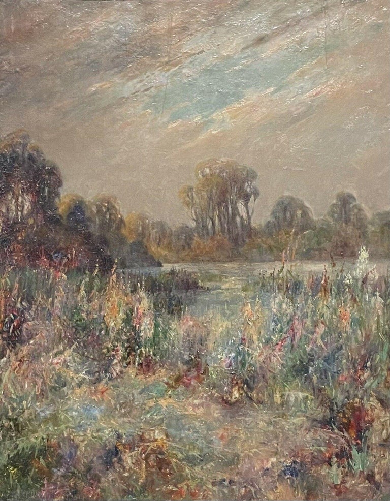 Artist/ School: Scottish School, early 20th century

Title: Wildflowers in a Meadow, next to a river. Beautiful Impressionist brushwork and warm colors. 

Medium:  oil painting on wooden panel, framed

framed:   22 x  19 inches
painting:  17.5 x