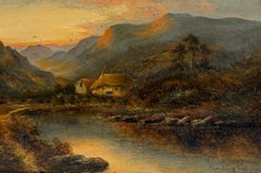 Antique Scottish Mountain River Landscape with Cottage at Sunset Oil Painting