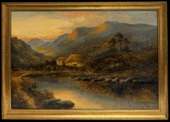 Antique Scottish Mountain River Landscape with Cottage at Sunset Oil Painting