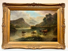 Antique Scottish Oil Painting in Gilt Frame Highland Cattle in Loch Landscape