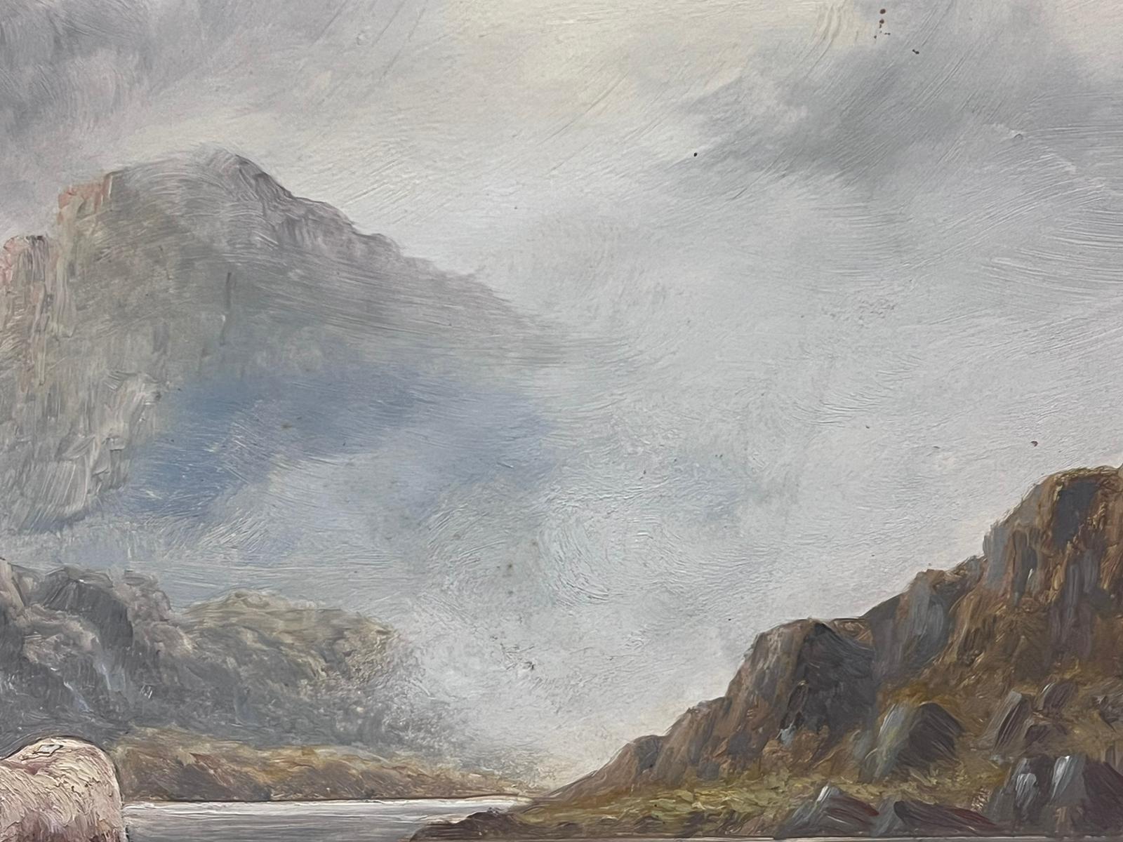 Peinture à l'huile écossaise ancienne représentant des moutons au repos dans un paysage Tranquil Highland Loch en vente 4