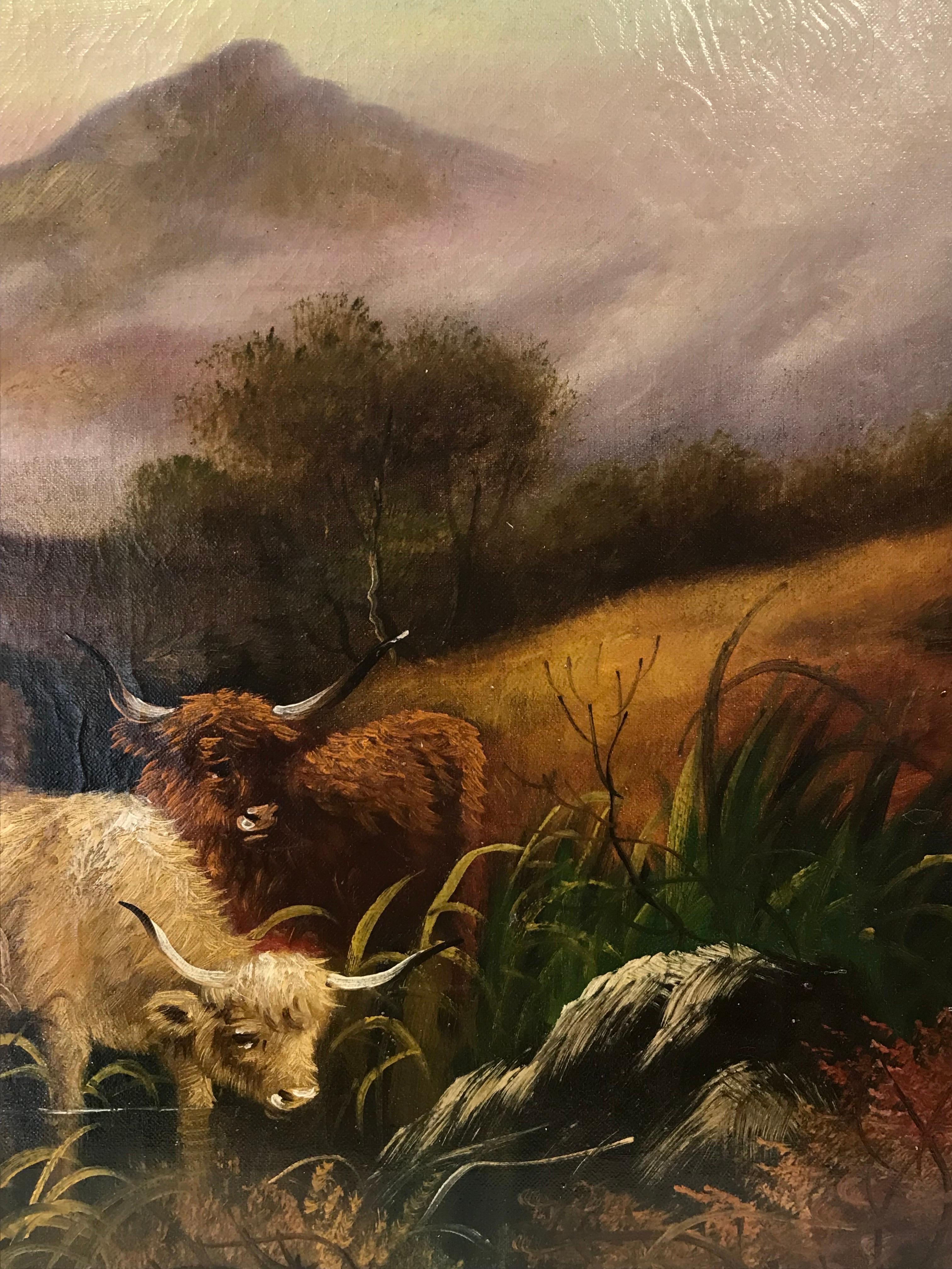 Artist/ School: W. Grey, Scottish late 19th century, signed lower front

Title: Highland Cattle in a Scottish Landscape, watering from the bank of the loch. 

Medium:  oil painting on canvas, unframed

canvas:   20 x 30 inches

Provenance: private