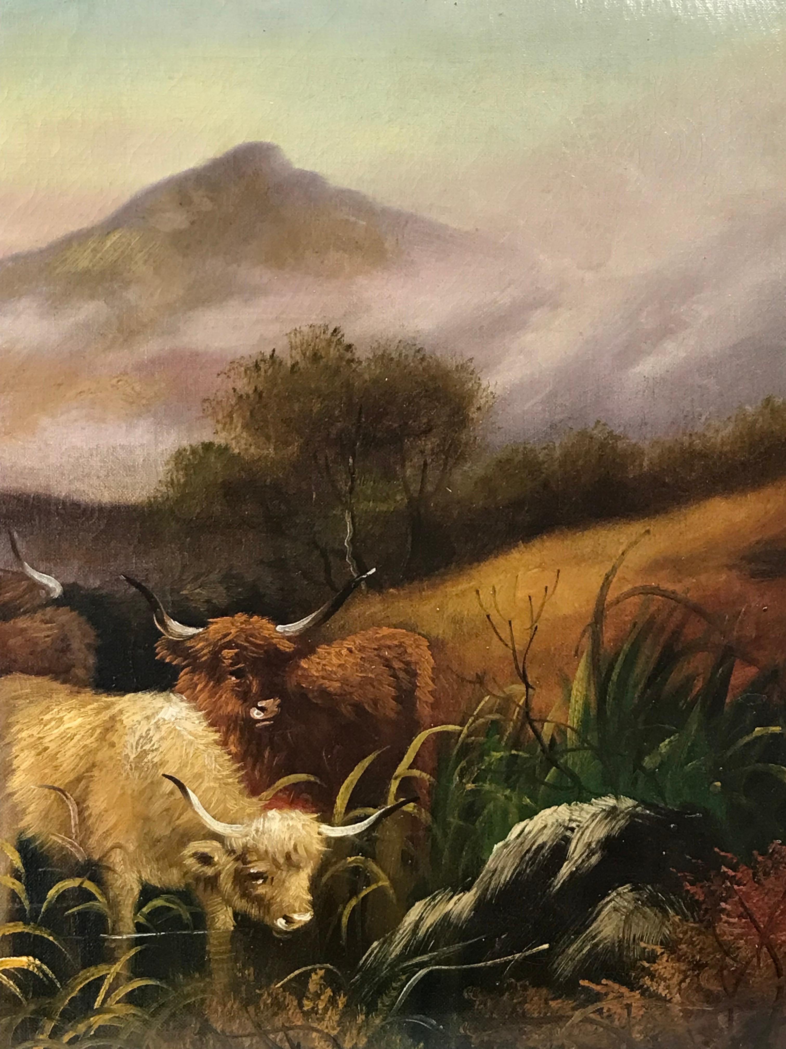 Antique Scottish Signed Oil Highland Cattle Watering Loch's Edge at Sunset 2