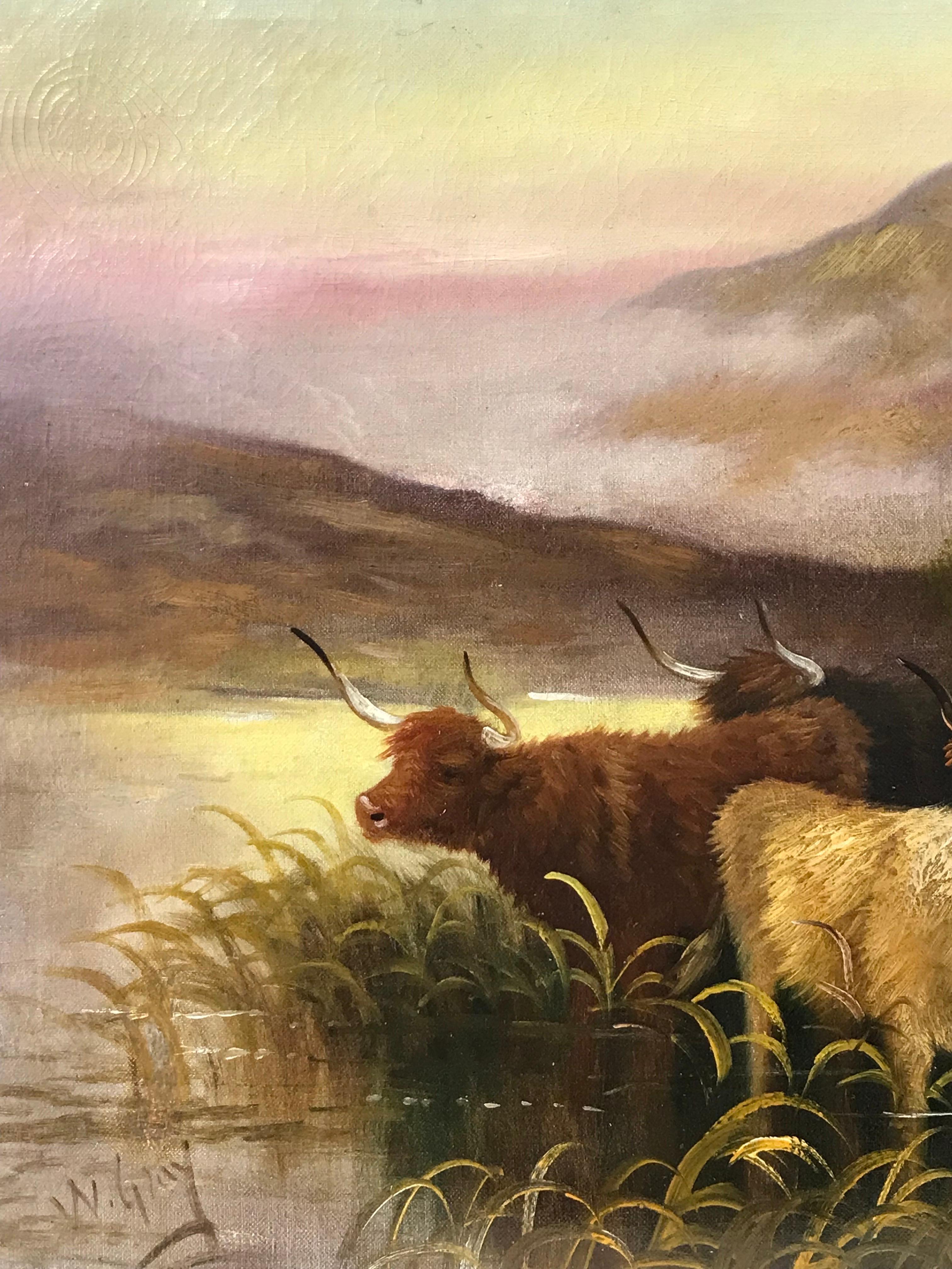 Antique Scottish Signed Oil Highland Cattle Watering Loch's Edge at Sunset 3