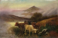 Antique Scottish Signed Oil Highland Cattle Watering Loch's Edge at Sunset