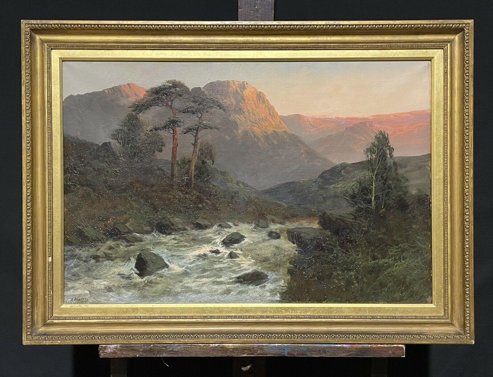Large Antique Scottish Highlands Oil Painting Sunset over Rapid River, signed 1