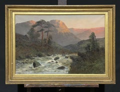 Large Antique Scottish Highlands Oil Painting Sunset over Rapid River, signed