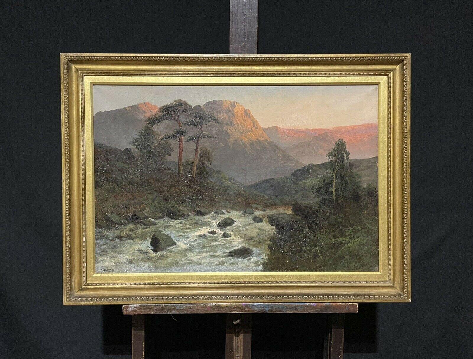 Large Antique Scottish Highlands Oil Painting Sunset over Rapid River, signed 2