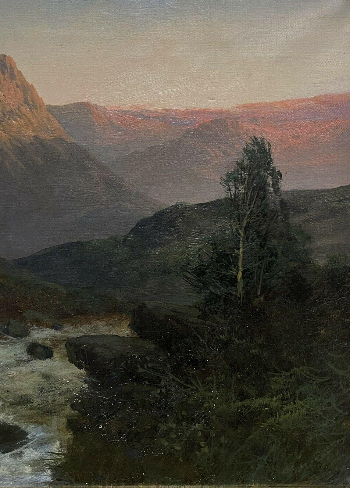 Large Antique Scottish Highlands Oil Painting Sunset over Rapid River, signed 4