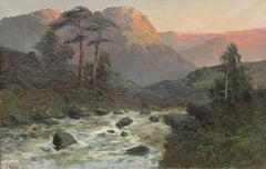 Large Antique Scottish Highlands Oil Painting Sunset over Rapid River, signed