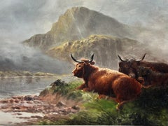 Signed Scottish Antique Oil Painting Highland Cattle Majestic Loch Landscape