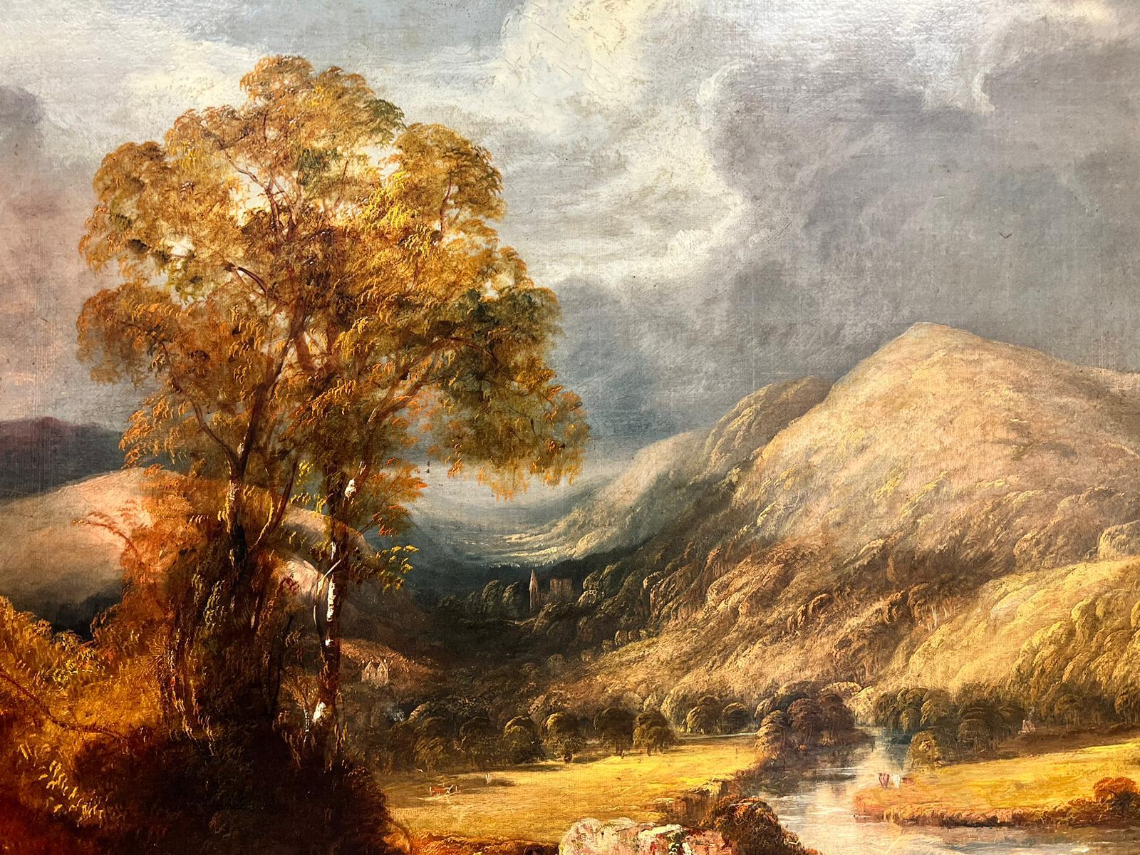 Very Large Scottish Landscape Figure Walking in Highland Valley, 19th C Oil  - Painting by Antique Scottish