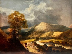 Très grande figurine de paysage écossais marchant dans la vallée des Highlands, huile du 19e siècle