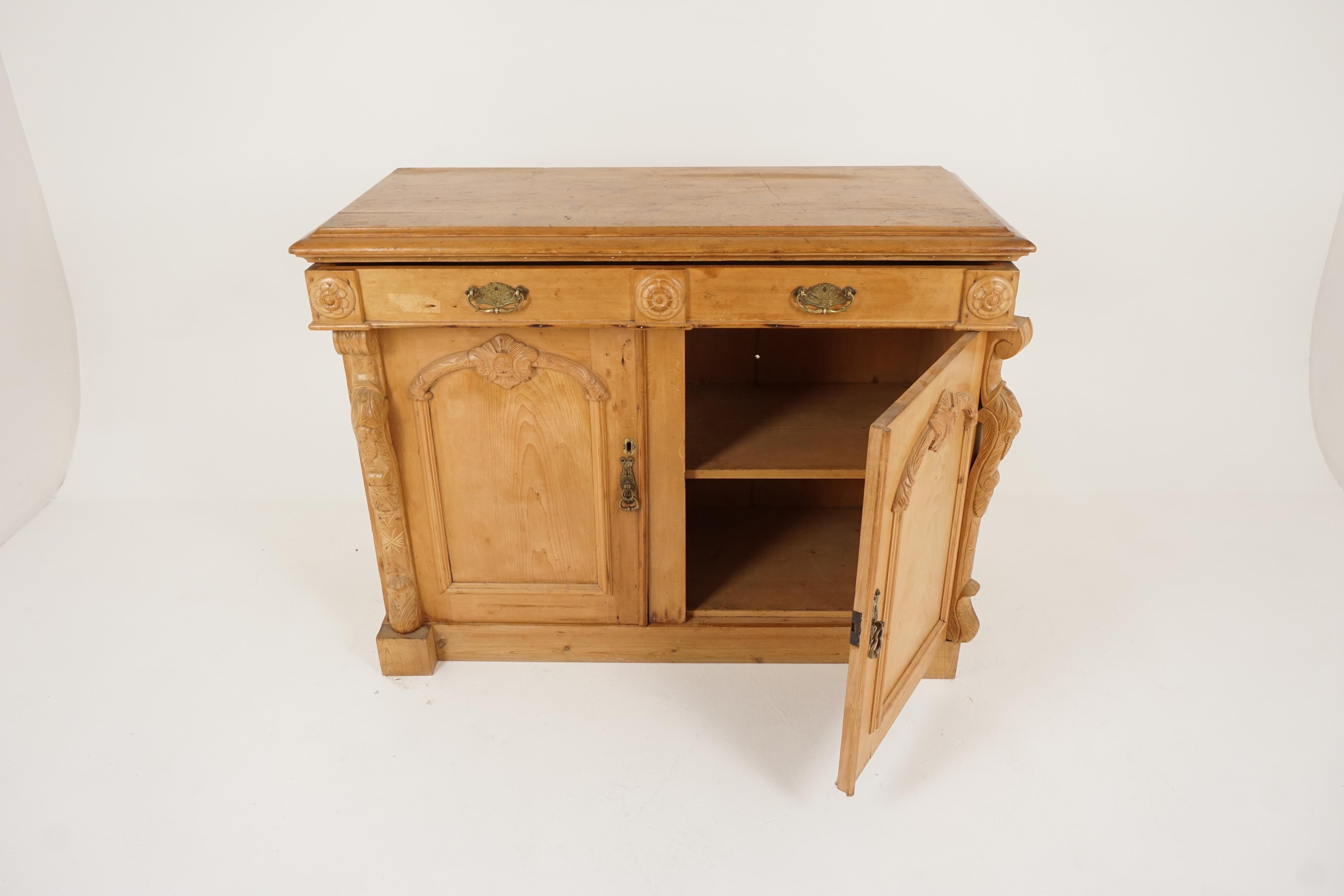 Antique Scottish pine farmhouse kitchen sideboard, cupboard, Scotland, 1880

Scotland, 1880
Pine farmhouse kitchen sideboard, cupboard solid pine
Original finish
Rectangular top with wide moulded edge
Single full length drawer underneath
Three