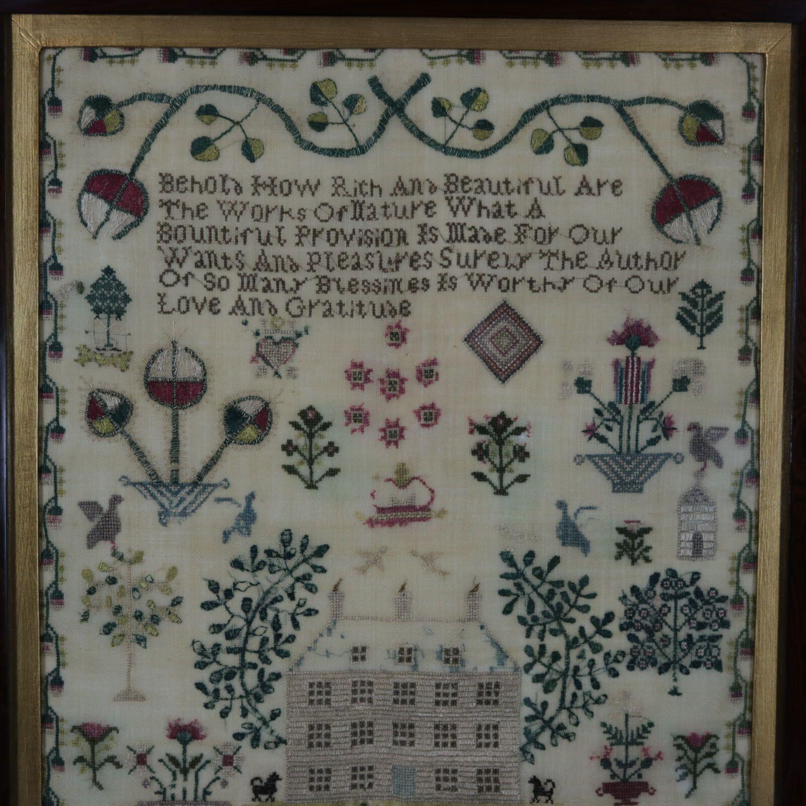 Antique Scottish House Sampler stitched by Elisabeth Murray in 1811. The sampler is worked in silk on linen ground, in a variety of stitches. Meandering strawberry border. Colours gold, cream, pale green, light brown, dark brown, gold, silver,