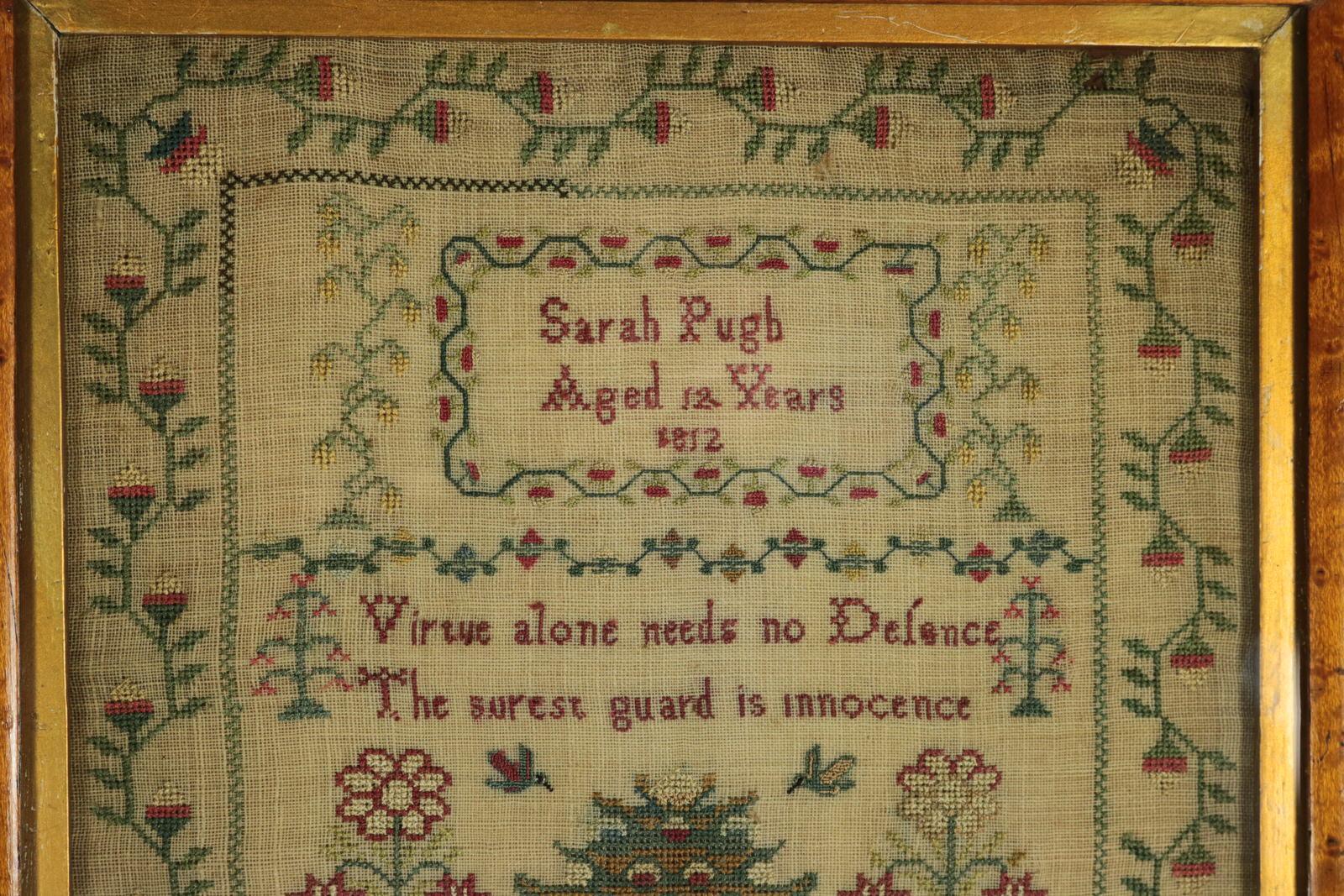 Scottish sampler dated 1812 by Sarah Pugh. Worked in silk on linen ground, in a variety of stitches. Meandering strawberry border. Colours greens, red, cream, black, silver, browns and yellow. Inscription reads, 'Virtue alone needs no Defence / The